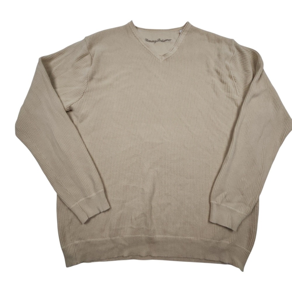 Tommy Bahama V Neck Casual Cotton Sweater L Beige Ribbed Long Sleeve